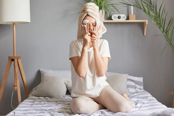 Cheerful Young Woman Wearing White Towel Head Holding Covering Face — Stock Photo, Image