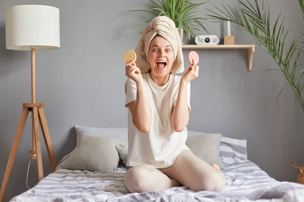 Extremely Happy Young Caucasian Woman Towel Head Doing Skin Care — Stock Photo, Image