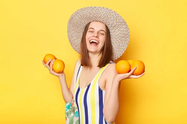 Overjoyed Woman Wearing Striped Swimming Suit Sun Hat Isolated Yellow — Stock Photo, Image
