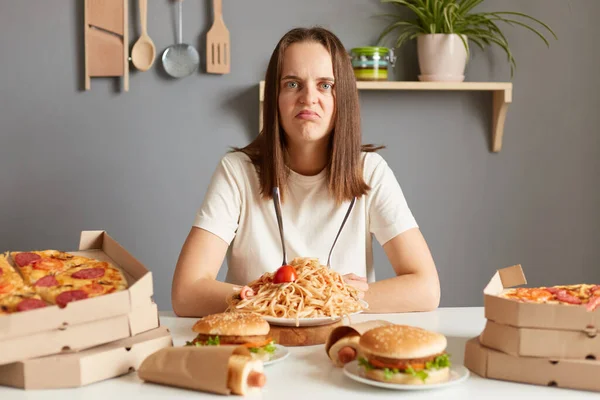 Sad Unhappy Woman Wearing White Shirt Siting Table Fast Food — Stock Photo, Image