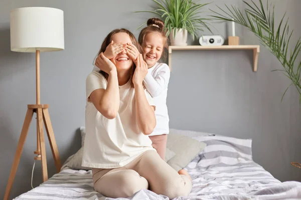 Happy Cheerful Joyful Mother Her Kid Having Fun Bedroom Child — Stock Photo, Image