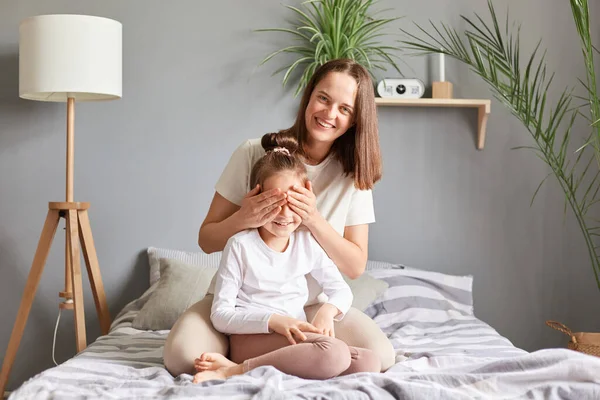 Smiling Mother Embracing Daughter Bedroom Home Playing Hide Sick Having — Stock Photo, Image