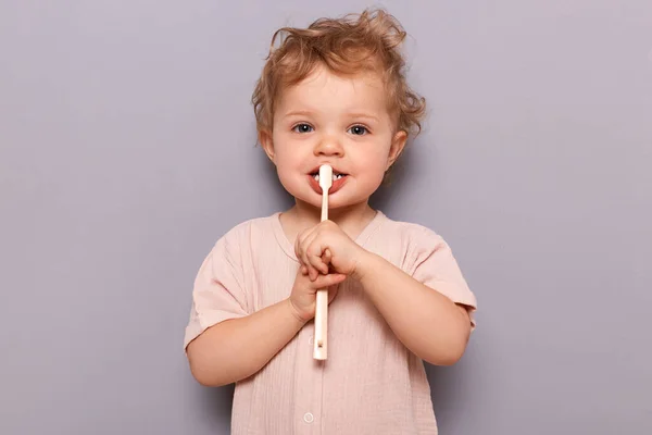 Adorable Infant Little Girl Holding Toothbrush Isolated Gray Background Brushing — Stock Photo, Image