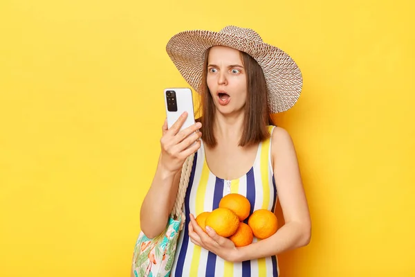 Shocked Astonished Woman Wearing Striped Swimming Suit Hat Isolated Yellow — Stock Photo, Image