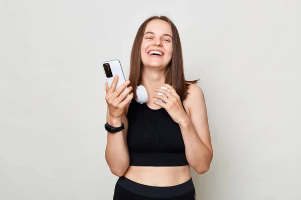 Laughing Happy Cheerful Woman Wearing Black Top Standing Isolated White — Stok Foto