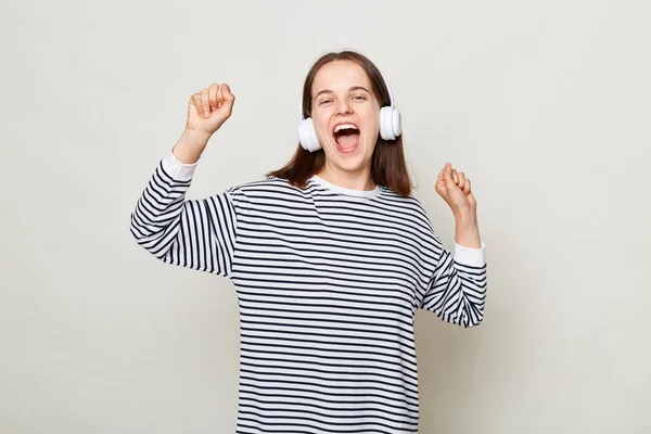 Positive Happy Cheerful Brown Haired Woman Wearing Striped Shirt Posing — Stock Photo, Image