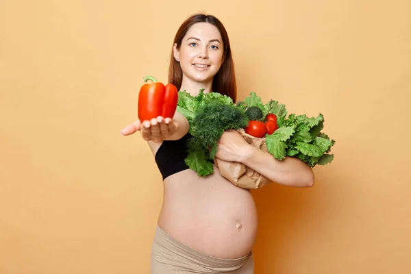 Sonriente Hermosa Mujer Embarazada Abraza Verduras Frescas Posando Aislado Sobre — Foto de Stock