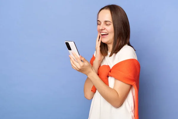 Laughing Excited Woman Wearing White Shirt Jumper Neck Standing Isolated — Stock Photo, Image