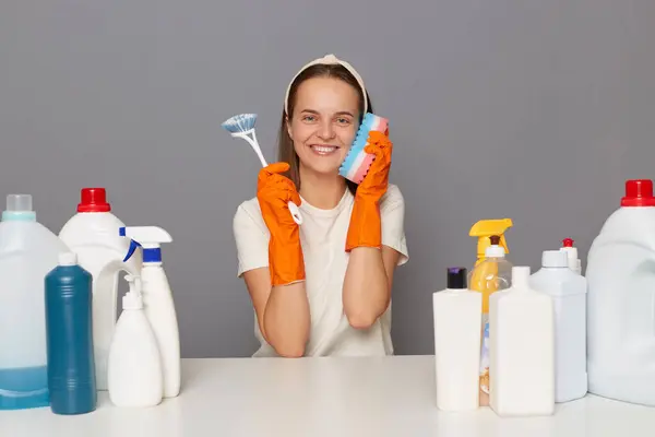 Cheerful Positive Woman Posing Workplace Cleaning Detergents Isolated Gray Background — Stock Photo, Image