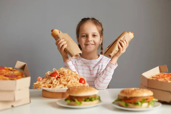 Satisfied Delighted Little Girl Braids Sitting Table Fast Food Isolated — Stock Photo, Image