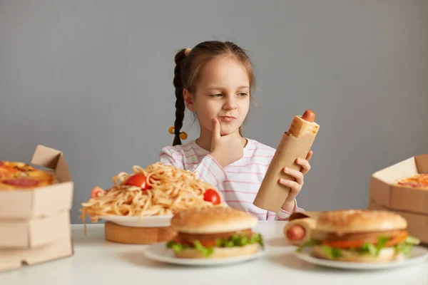Pensive Little Girl Braids Sitting Table Fast Food Isolated Gray — Stock Photo, Image