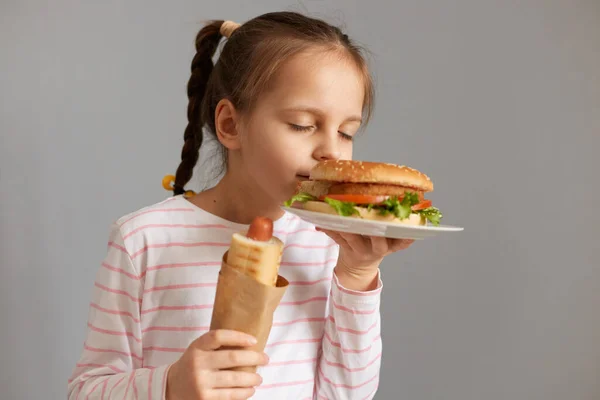 Charming Cute Beautiful Little Girl Pigtails Hot Dog Smelling Aromat — Stock Photo, Image