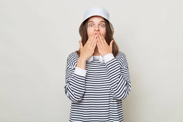 Shocked Astonished Woman Wearing Striped Shirt Panama Standing Headphones Neck — Stock Photo, Image