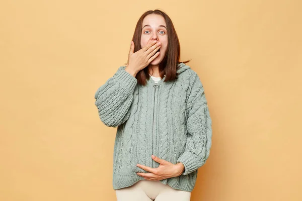 Emocionada Sorprendida Mujer Embarazada Joven Sorprendida Usando Suéter Caliente Punto — Foto de Stock