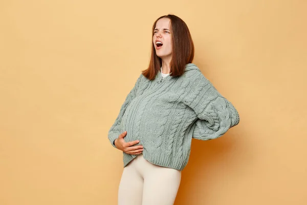 Mujer Embarazada Enferma Usando Suéter Caliente Punto Pie Aislado Sobre — Foto de Stock