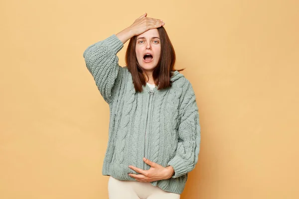 Scared Young Pregnant Woman Wearing Knitted Sweater Standing Isolated Beige — Stock Photo, Image