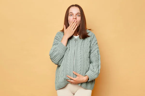Sorprendido Joven Embarazada Sorprendida Usando Suéter Punto Pie Aislado Sobre — Foto de Stock
