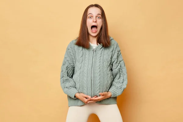 Mujer Embarazada Joven Conmocionada Usando Suéter Punto Pie Aislado Sobre — Foto de Stock