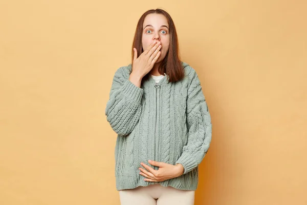 Sorprendido Mujer Embarazada Sorprendida Usando Suéter Punto Cálido Tocando Vientre — Foto de Stock