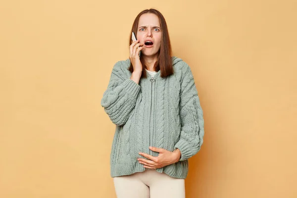 Shocked Astonished Pregnant Woman Wearing Warm Knitted Sweater Touching Belly — Stock Photo, Image