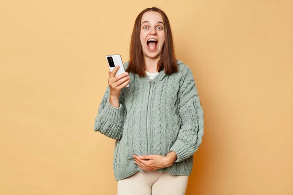 Surprised Amazed Pregnant Woman Wearing Warm Knitted Sweater Touching Belly — Stock Photo, Image