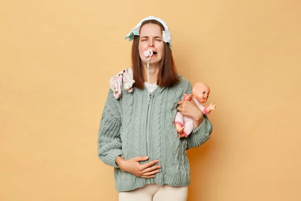 Llorando Triste Infeliz Joven Embarazada Usando Suéter Punto Caliente Con — Foto de Stock