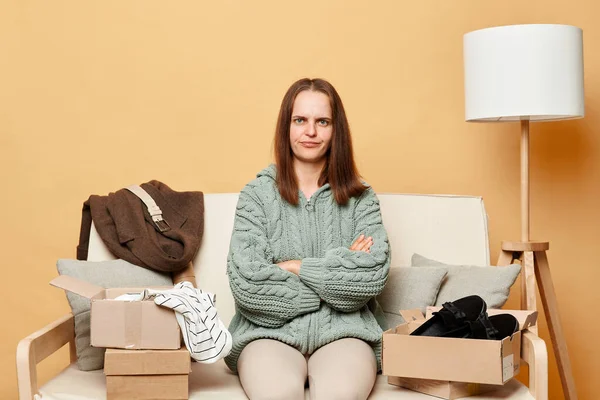 Sad Confused Offended Woman Shopaholic Customer Sitting Sofa Unpack Parcel — Stock Photo, Image