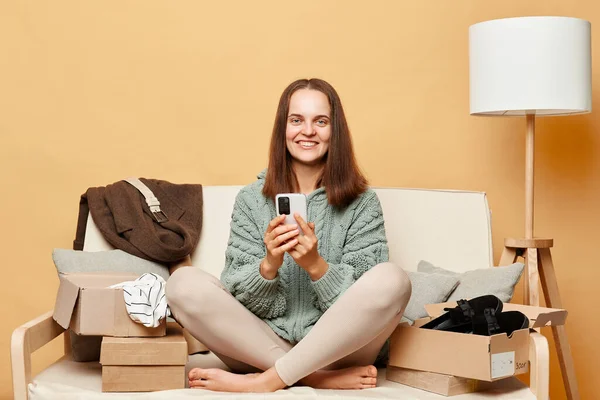Smiling Happy Woman Opening Boxes Postal Parcel Smartphone Hands Sitting — Stock Photo, Image