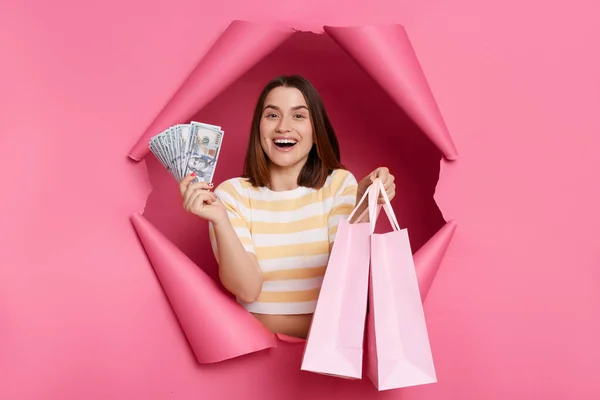 素晴らしい幸せな陽気なブルネット女性身に着けていますストライプTシャツPosingで引き裂かれたピンクの紙の壁ショートカメラショッピングバッグとドル紙幣バック — ストック写真