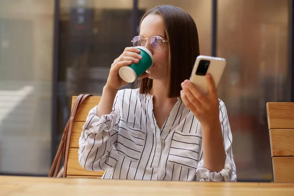 Young Beautiful Woman Wearing Striped Blouse Eyeglasses Drinking Coffee Paper — Stock Photo, Image