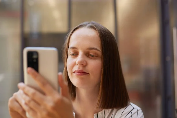 Closeup Portrait Brown Haired Businesswoman Using Mobile Phone Looking Smartphone — Stock Photo, Image