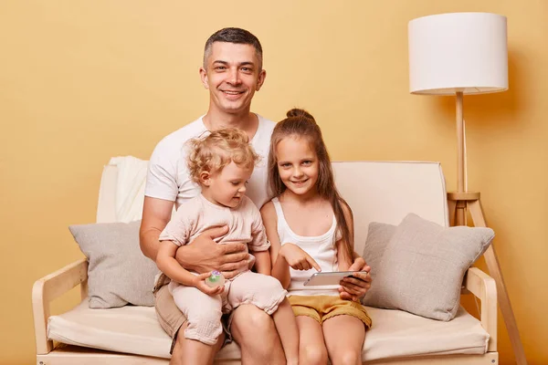 Friendly Delighted Happy Father Sitting Cozy Sofa Couch Using Smartphone — Stock Photo, Image