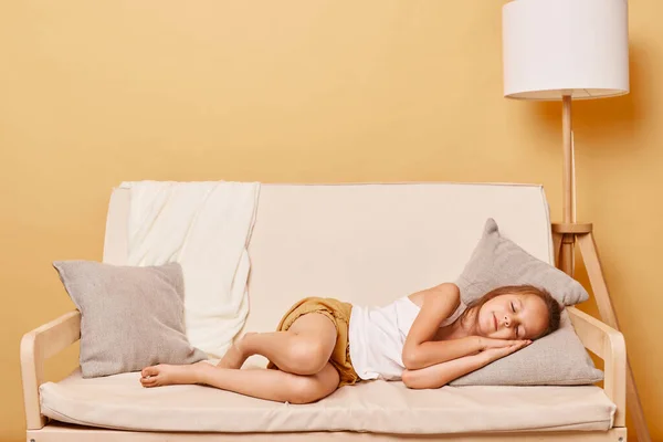 Full Length Sleeping Little Girl Lying Couch Hand Cheek Keeps — Stock Photo, Image