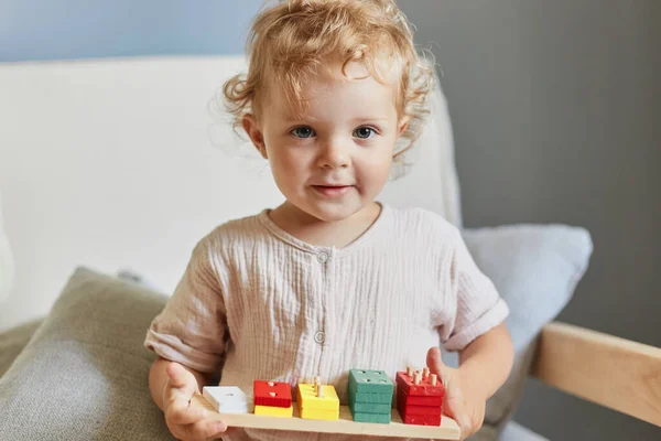 Preschooler Logical Skills Creative Imagination Play Blonde Wavy Haired Little — Stock Photo, Image