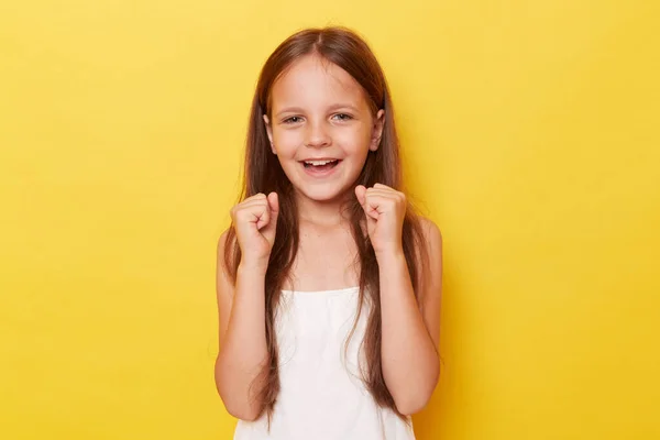 Happy Smiling Little Girl Long Hair Standing Isolated Yellow Background — Stock Photo, Image