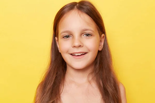 Closeup Portrait Smiling Cheerful Little Girl Long Hair Standing Isolated — Stock Photo, Image