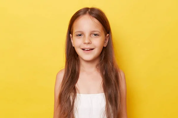 Pleased Pretty Smiling Happy Little Girl Ponytails Standing Isolated Yellow — Stock Photo, Image