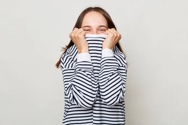 Happy Cheerful Positive Shy Optimistic Woman Brown Hair Wearing Striped — Stock Photo, Image