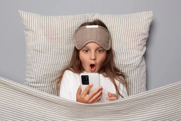 Shocked Cute Girl Wearing Sleep Eye Mask Resting Pillow Blanket — Stock Photo, Image