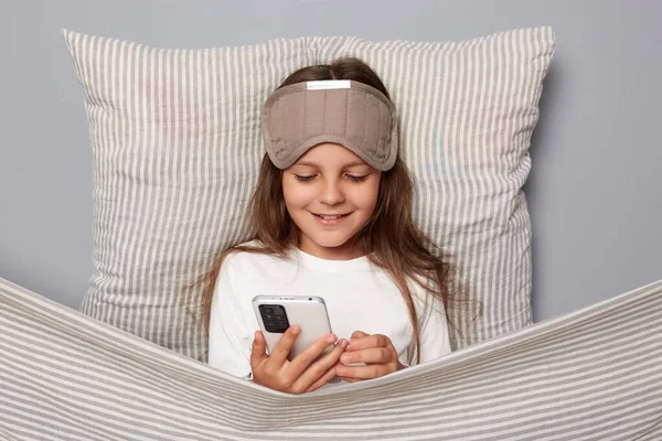 Smiling Cheerful Cute Girl Wearing Sleep Eye Mask Resting Pillow — Stock Photo, Image