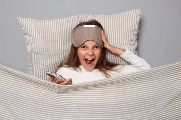 Crazy Emotional Excited Cute Girl Wearing Sleep Eye Mask Resting — Stock Photo, Image