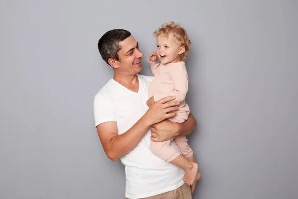 Happy Young Handsome Man White Shirt Holding Little Toddler Girl — Stock Photo, Image