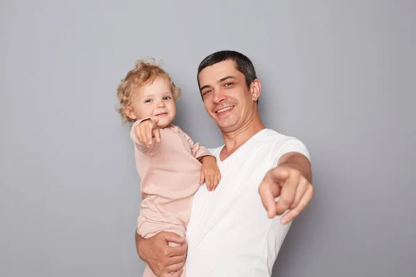 Smiling Cheerful Family Young Man Holding Little Baby Girl Isolated — Stock Photo, Image