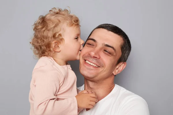 Cheerful Smiling Young Man Holding Little Baby Girl Isolated Gray — Stock Photo, Image