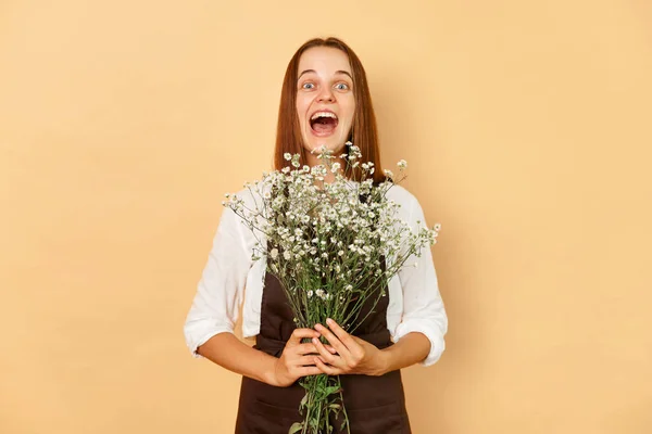 Armazene Plantas Buquê Flores Animado Alegrou Extremamente Feliz Jovem Caucasiano — Fotografia de Stock