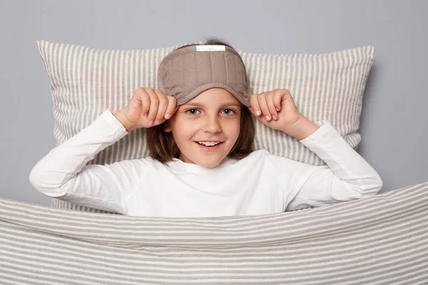 Smiling Joyful Little Girl Wearing White Shirt Sleep Eye Mask — Stock Photo, Image