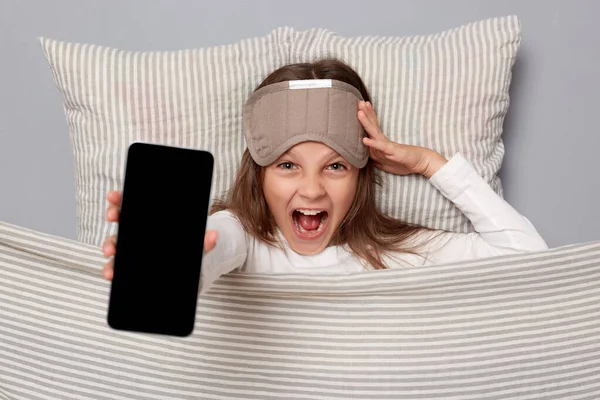 Overjoyed Crazy Little Girl Wearing White Shirt Sleep Eye Mask — Stock Photo, Image