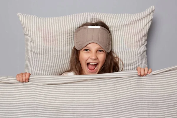 Beautiful Crazy Little Girl Wearing White Shirt Sleep Eye Mask — Stock Photo, Image
