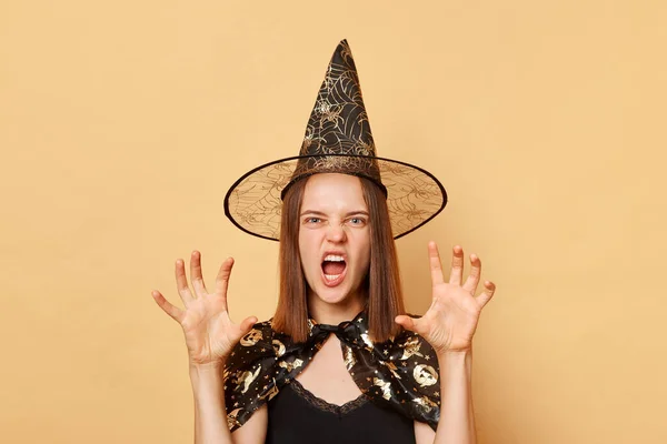 Spaventoso Giovane Donna Strega Indossare Strega Costume Carnevale Cono Cappello — Foto Stock