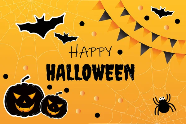 10月のイベント招待のためのハッピーハロウィーンパーティーポスター 怖いカボチャとオレンジ色の背景 黒いコウモリとクモを飛ぶ ハッピーハロウィーンブラックテキスト — ストックベクタ